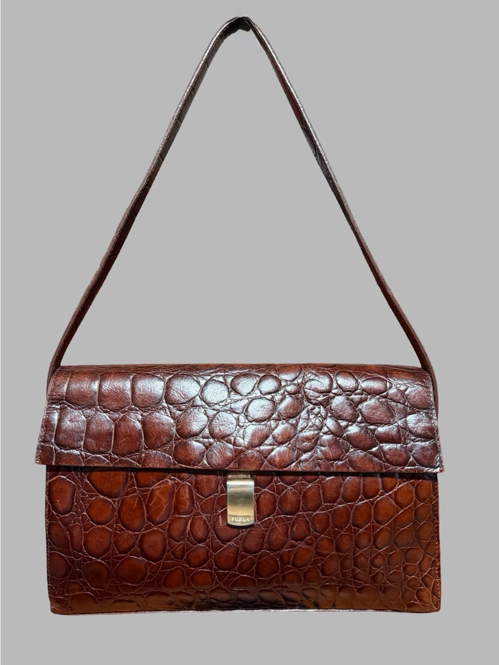 Vintage FURLA Brown Croc-Embossed Leather Flap Shoulder Bag – Made in Italy